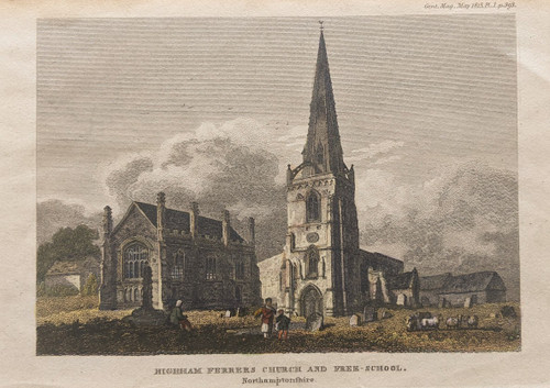 Antique print of Higham Ferrers Church and Free School - published c 1800