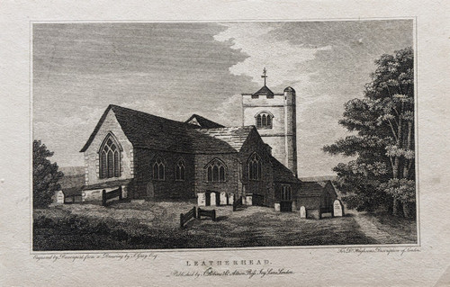 Antique print of Leatherhead parish church - published 1808