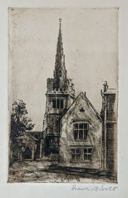Signed etching of Kettering Church, Northamptonshire, by Frank B Jowett