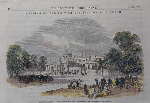 Antique woodcut print of Shrubland Park, Ipswich - published 1851