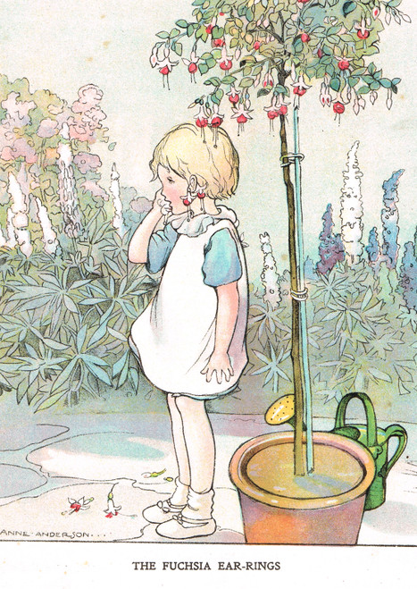 Vintage children's print - a little girl trying on a fuchsia flower earring - published 1917
