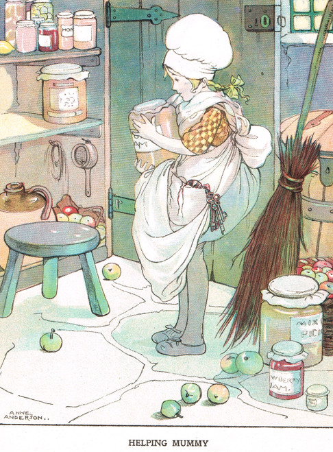 Vintage children's print - young girl helping with the jam making in the kitchen - published 1917