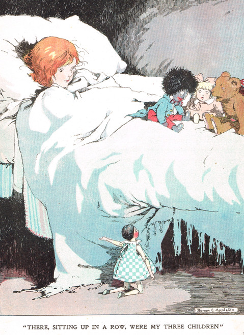Vintage children's print - little girl with her favourite toys on the bed - published 1917