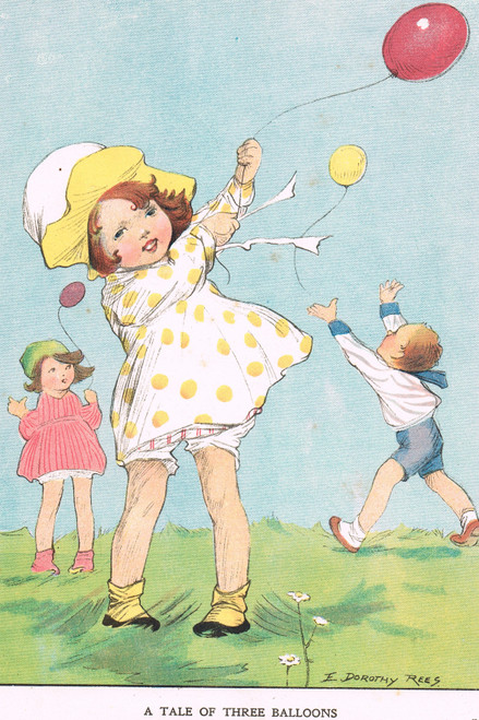 Vintage children's print - 3 adorable children on a windy day - published 1917