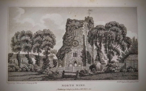 Antique print, copper engraved, of North Mims church, Herts. - published 1806