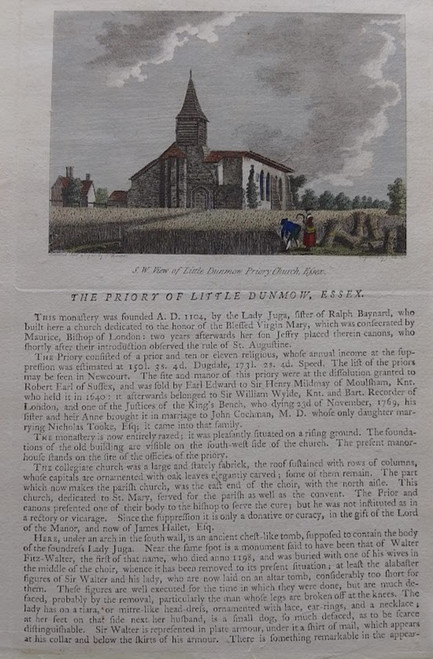 Antique print of The Priory of Little Dunmow, Essex, with text - published 1786