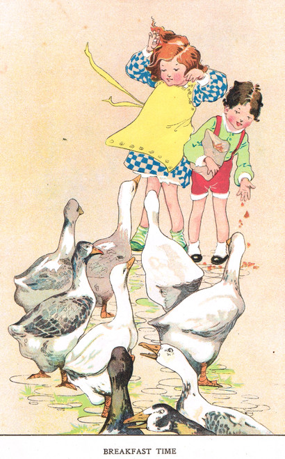 Vintage children's print - 2 children feeding 9 large geese - published 1917