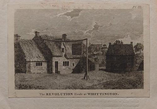 The Revolution House at Whittington, Derbyshire - antique print + text, c 1800