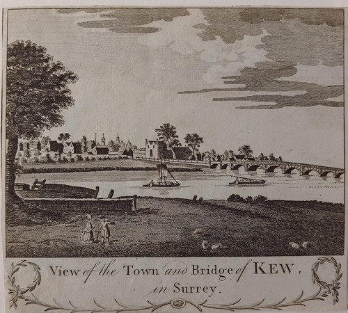 Antique print of view of the town and bridge of Kew in Surrey - published 1784