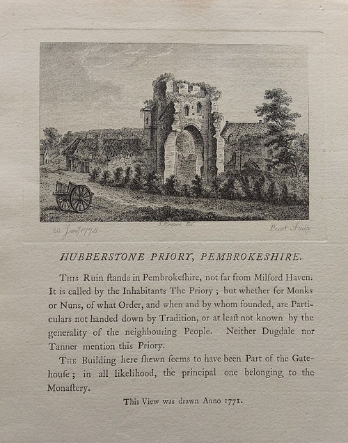 Antique print + descriptive text of Hubberstone Priory, Pembrokeshire - published 1775