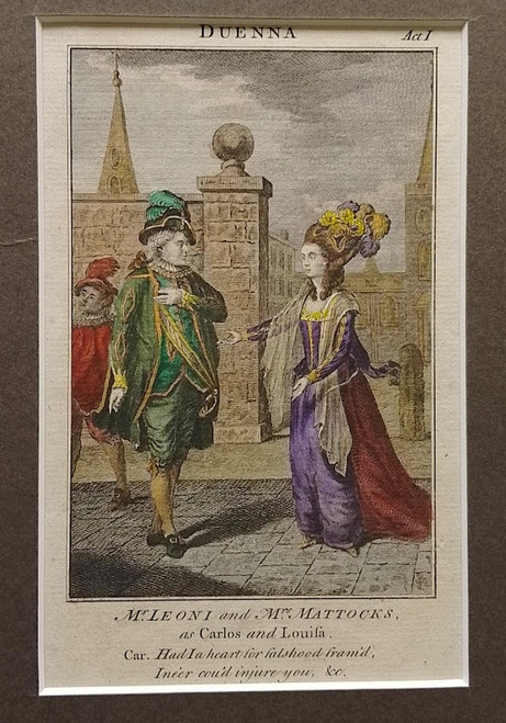 Antique theatrical print of Mr Leoni and Mrs Mattocks from "Duenna" - published 1777