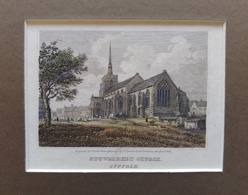 Antique print, hand coloured, of Stowmarket Church, Suffolk - published 1819