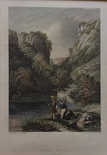 Antique print, hand coloured, of Dove Dale, Derbyshire - two men fishing
