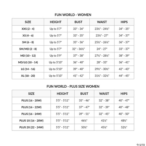 Sexy Ms. Santa Claus Costume- size chart