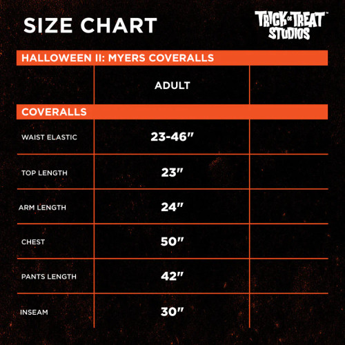 Halloween II Adult Coveralls- size chart