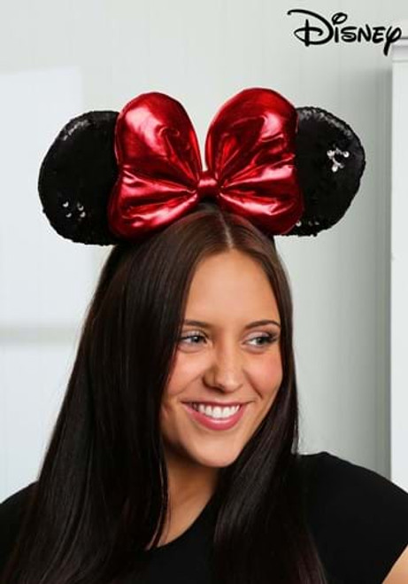 Minnie Mouse Sequin Ears Headband- worn by female model Minnie Mouse Sequin Ears Headband- worn by female model