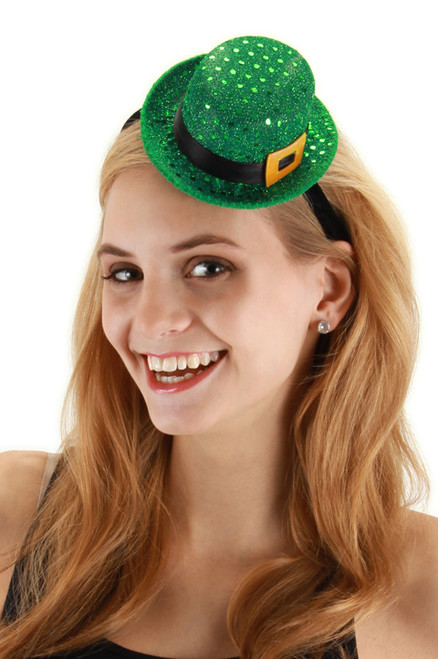 Sequin Mini Leprechaun Hat Headband- worn by model, angled view