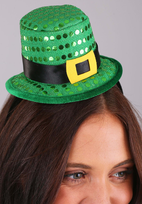 Sequin Mini Leprechaun Hat Headband- worn by model, close up
