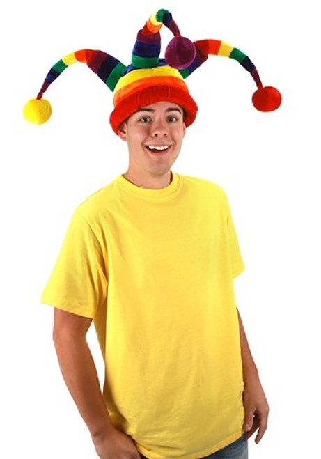 Rainbow Wacky Jester Plush Hat- worn by adult model