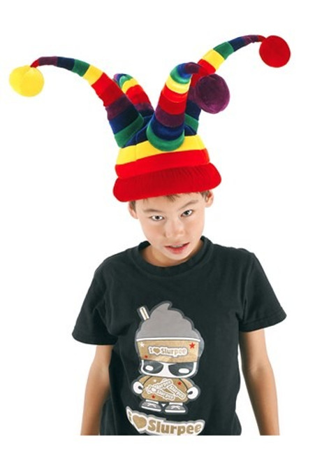 Rainbow Wacky Jester Plush Hat- worn by child model