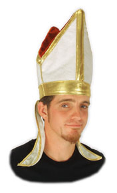 White Plush Pope Hat- worn by model angled view White Plush Pope Hat- worn by model angled view