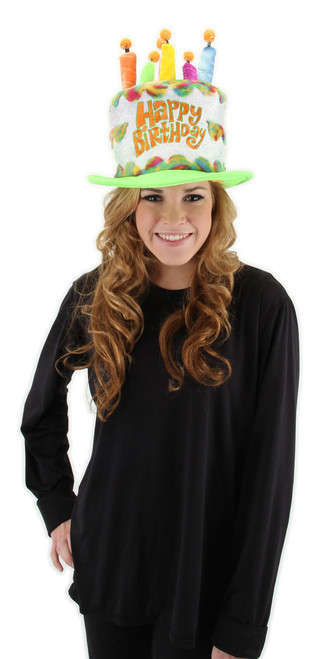 Rainbow Birthday Cake Plush Hat- worn by model Rainbow Birthday Cake Plush Hat- worn by model