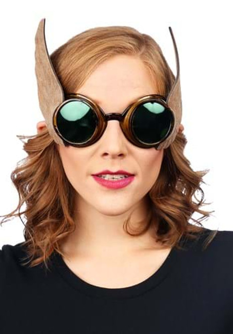 Gold Winged Goggles- worn by model on eyes