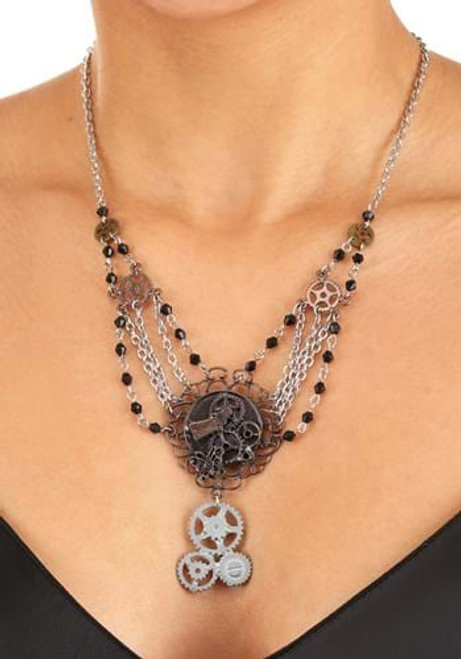 Antique Chain Gear Necklace- worn by model up close