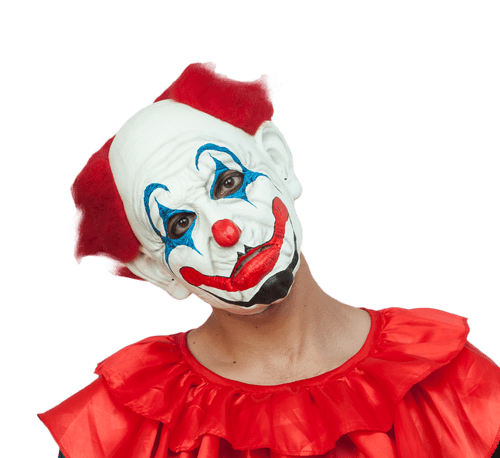 Rosso the Clown Mask- worn by model, close up