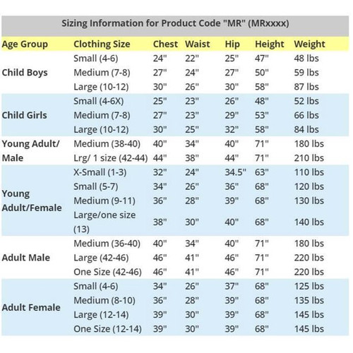 Costume Size Chart