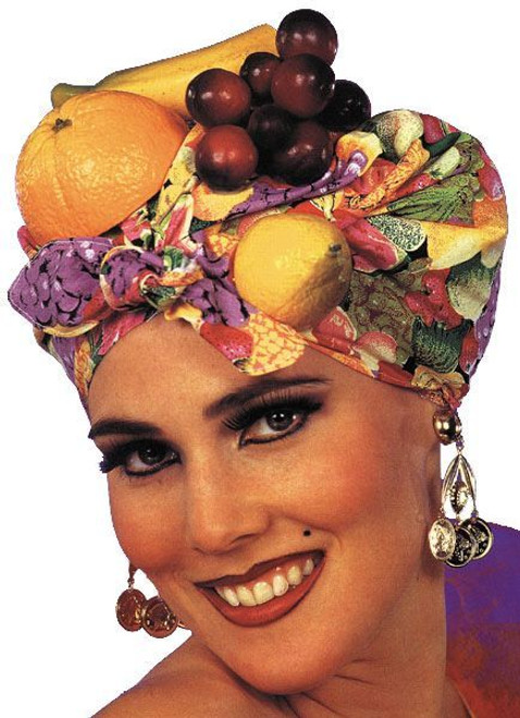 Colorful fabric turban with attached plastic fruit. Carmen Miranda headpiece.
