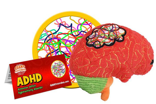 ADHD brain plushie with informational tag