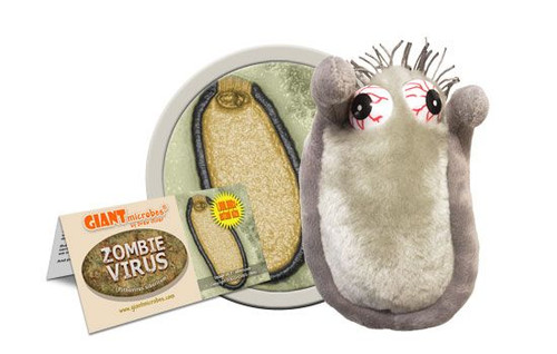 Zombie Virus plushie with informational tag