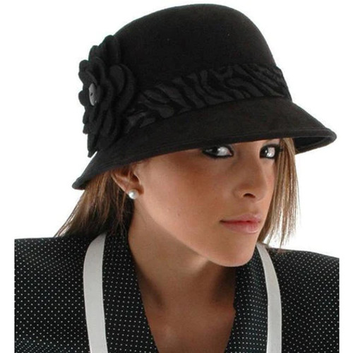Black Cloche 20s Hat- worn by model up close