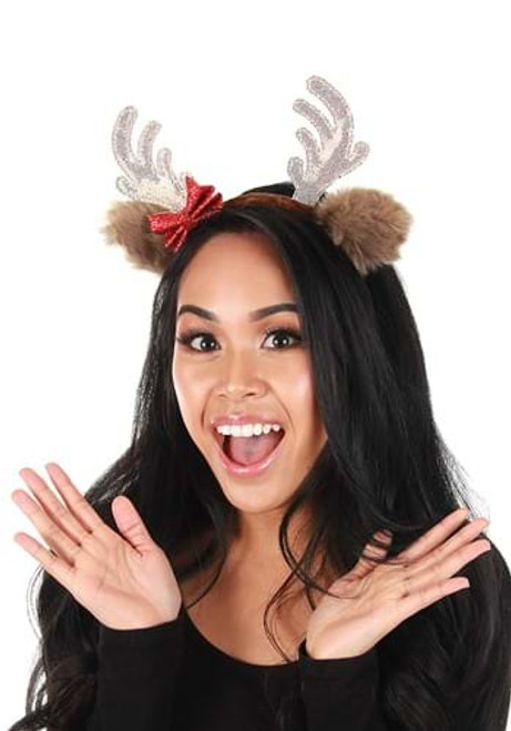 Reindeer Glitter Bow Headband- worn by adult model