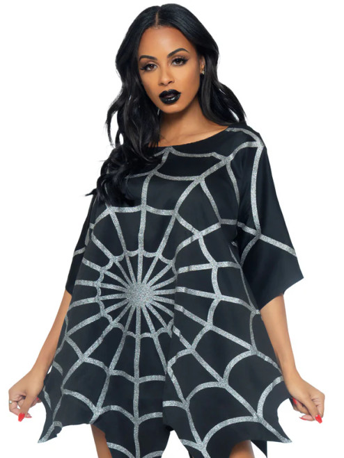 Gothic Glitter Spider Web Poncho- black, front view