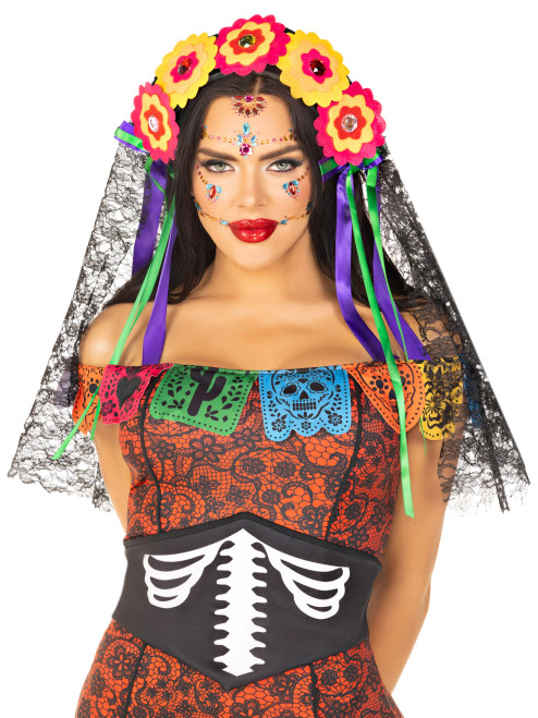 Day of the Dead Flower Headpiece with Lace Veil- front view