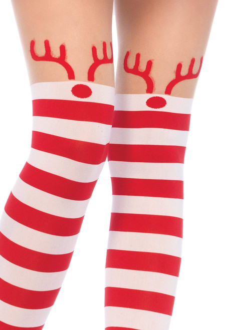 Rudolph Reindeer Striped Tights- close up