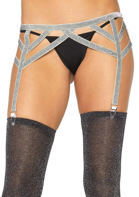 Maddox Lurex Garter Belt- silver, close up