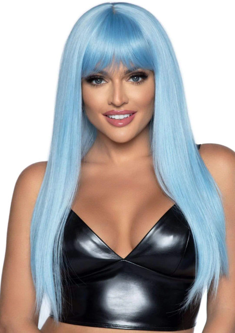 24" Straight Wigs with Bangs- blue, front view