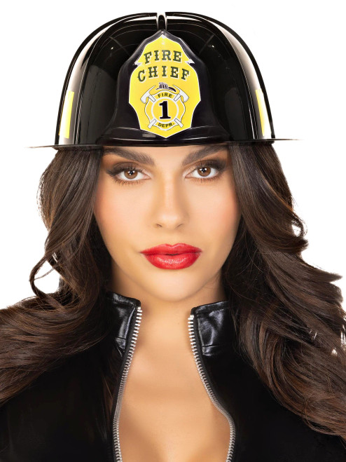 Black Fire Chief Hat- front view, worn by model