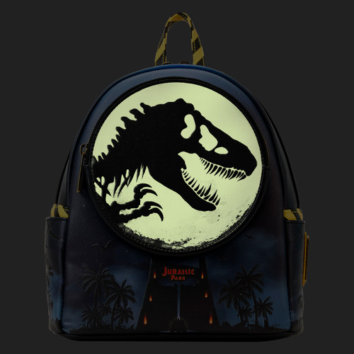 Jurassic Park 30th Anniversary Mini Backpack- front view, glowing