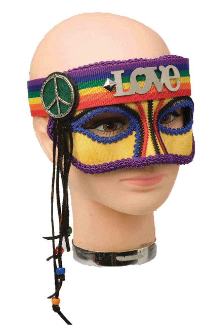 60's rainbow hippie eye mask that spells "LOVE", with peace sign and tassels. 