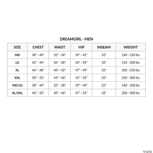 Men's Fairytale Prince Costume- size chart