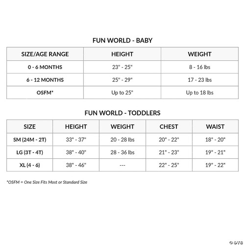 High Seas Pirate Toddler Costume- size chart