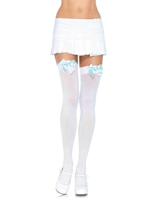 Kay Opaque Thigh Highs with Bows- white/blue