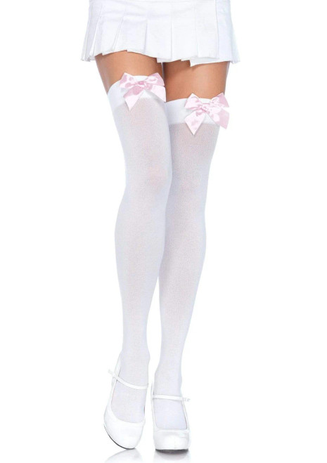 Kay Opaque Thigh Highs with Bows- white/pink