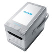 Sato FX3 WWFX31241-WDN thermal printer side angle showing connectivity ports and label output slot