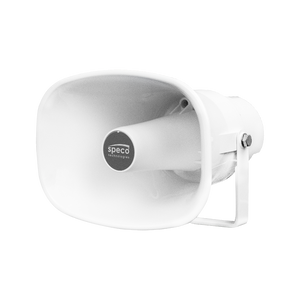 Speco Technologies SPIPH8AM IP horn speaker showing PoE connector and audio inputs