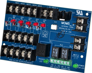 Altronix MOM5 power distribution module showing output terminals and mounting bracket